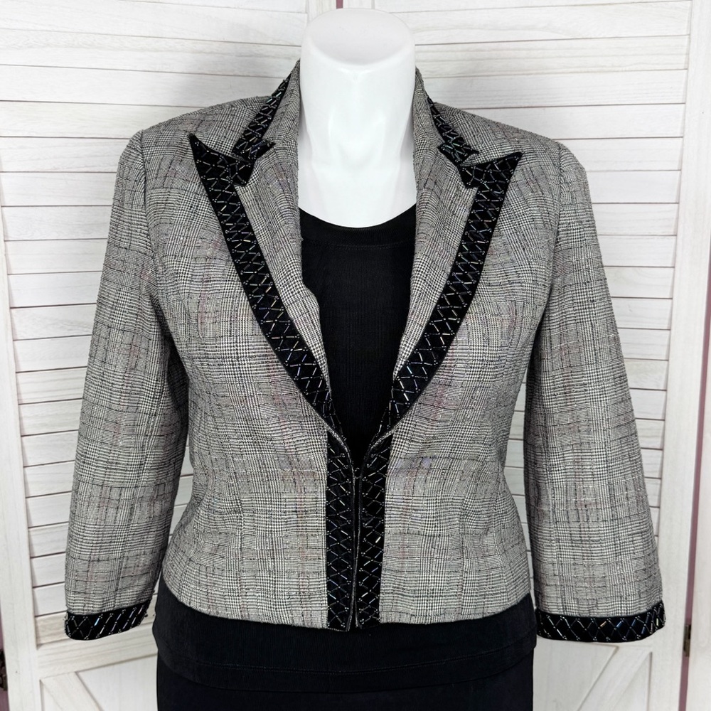 Vintage 90s WD Platinum Blazer‎ Womens 14 Black Plaid Velvet Beaded Trim Crop